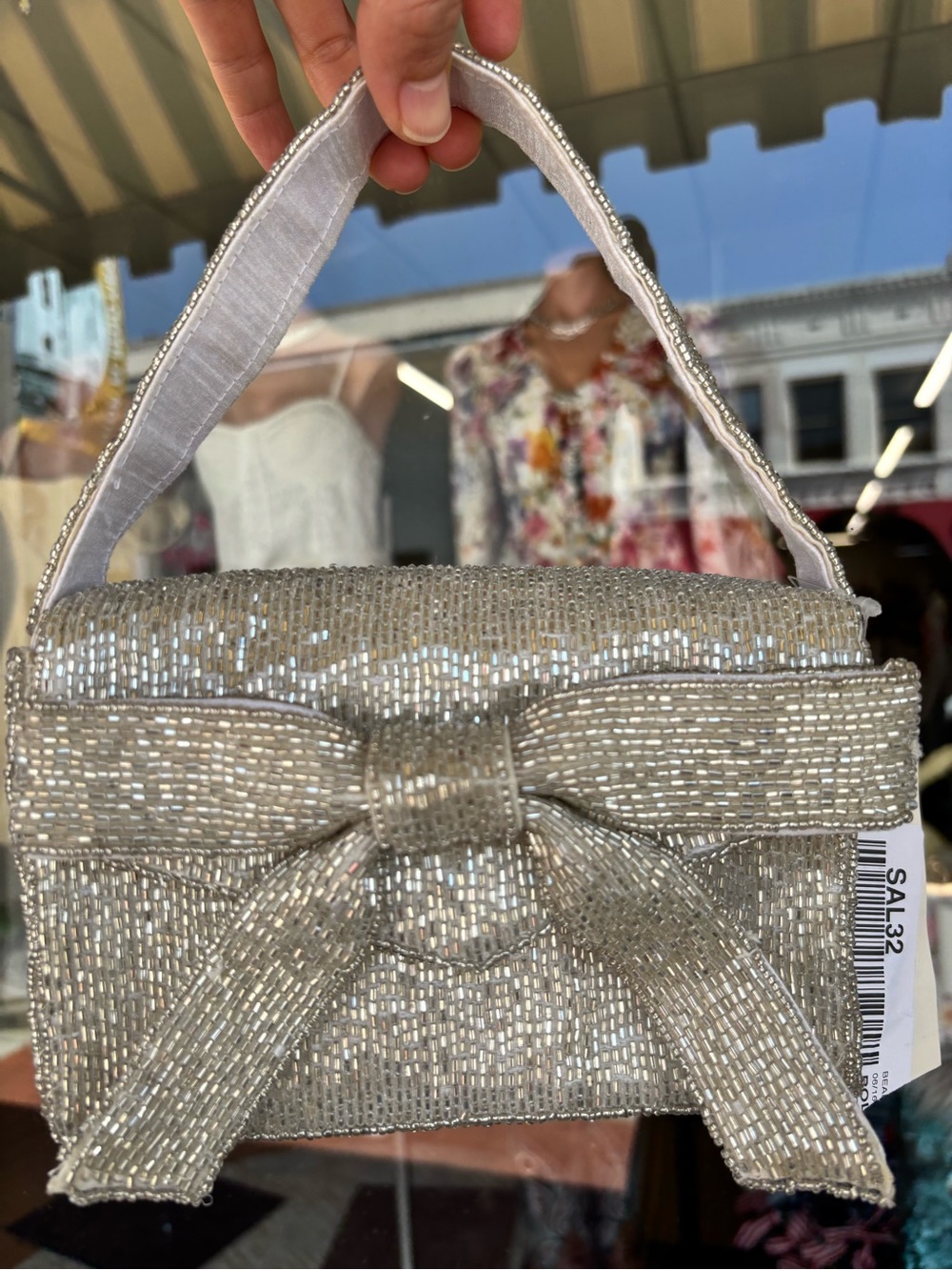 On 34th Silver Beaded Bow-Accent Wristlet Evening Bag